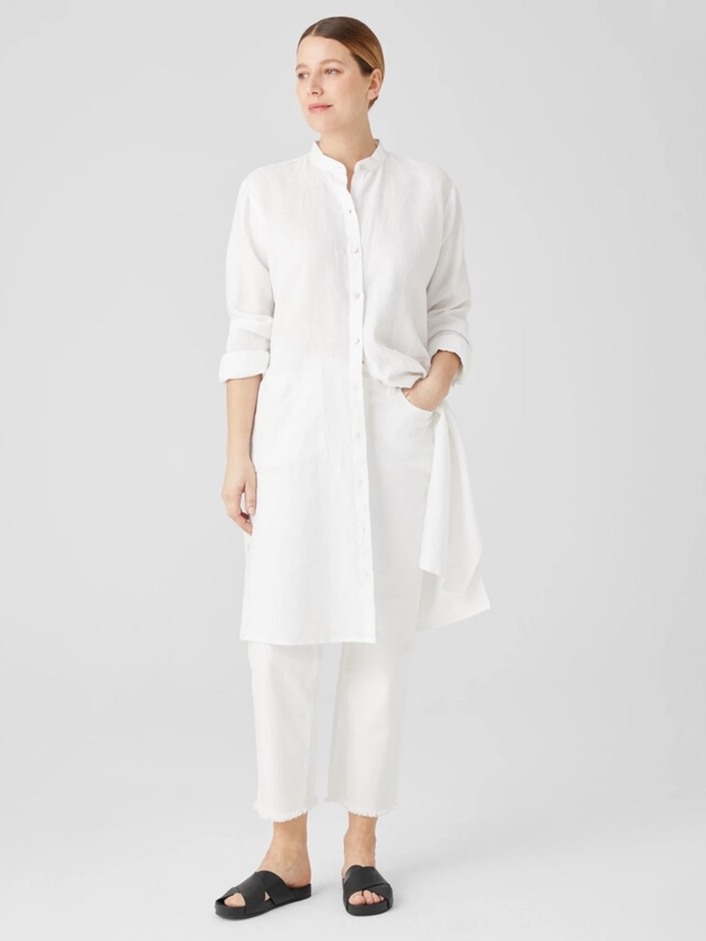 Eileen Fisher Women’s 100% Organic Linen Mandarin Collar Dress Tunic in White S